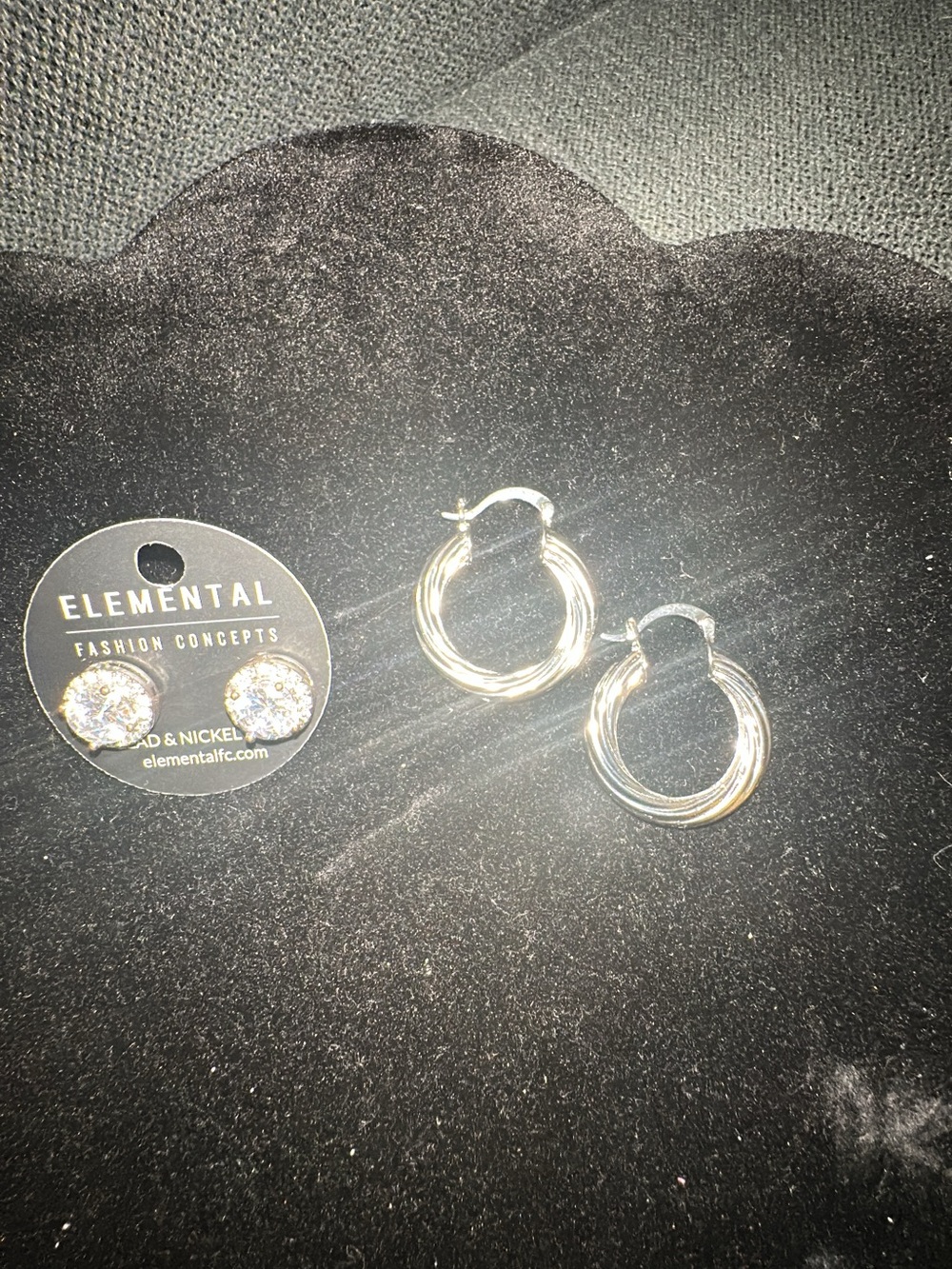 Elemental Shiny Stud earrings and Silvertone Twisted Hoop Earrings
